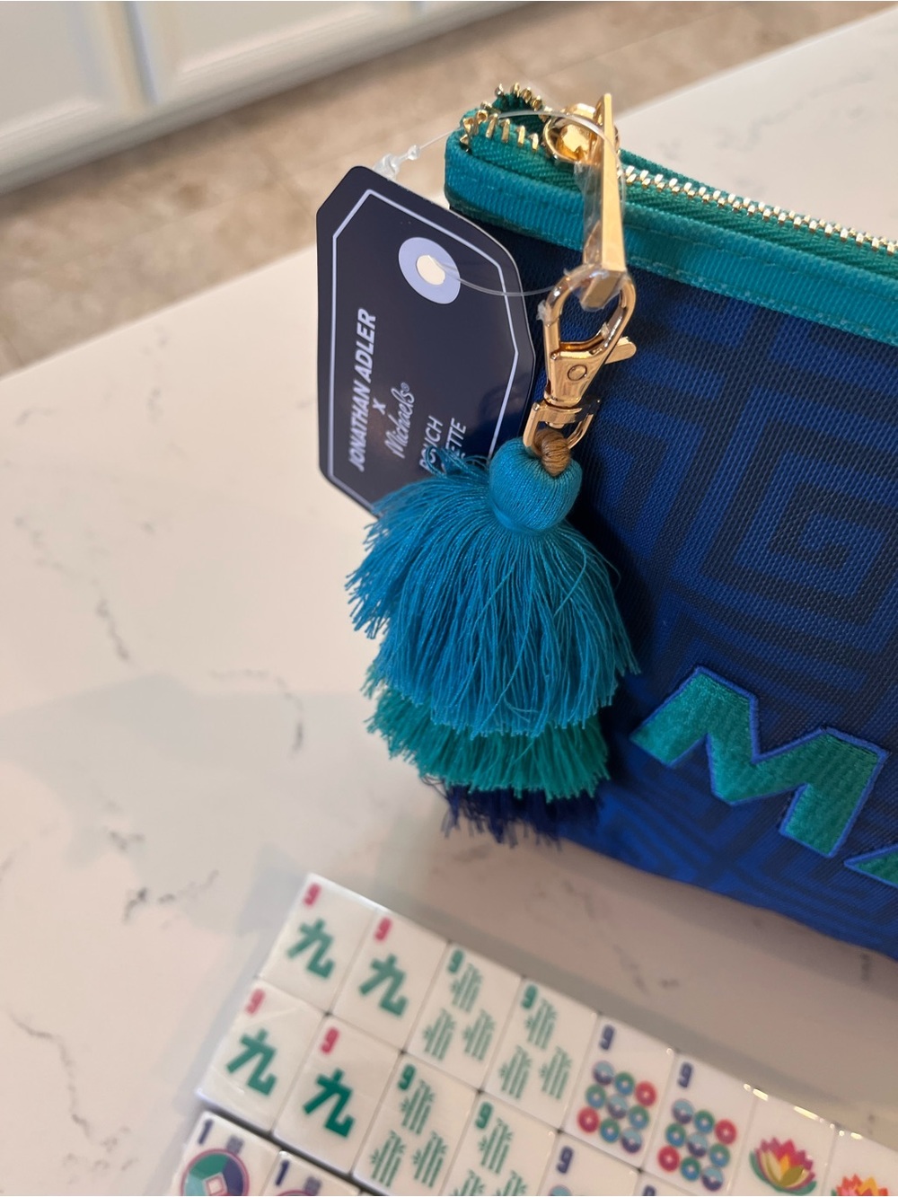 NWT Jonathan Adler Mahjong Tile Set w/ Matching Tassel Tile Bag Blue Teal & Dice - Picture 10 of 12